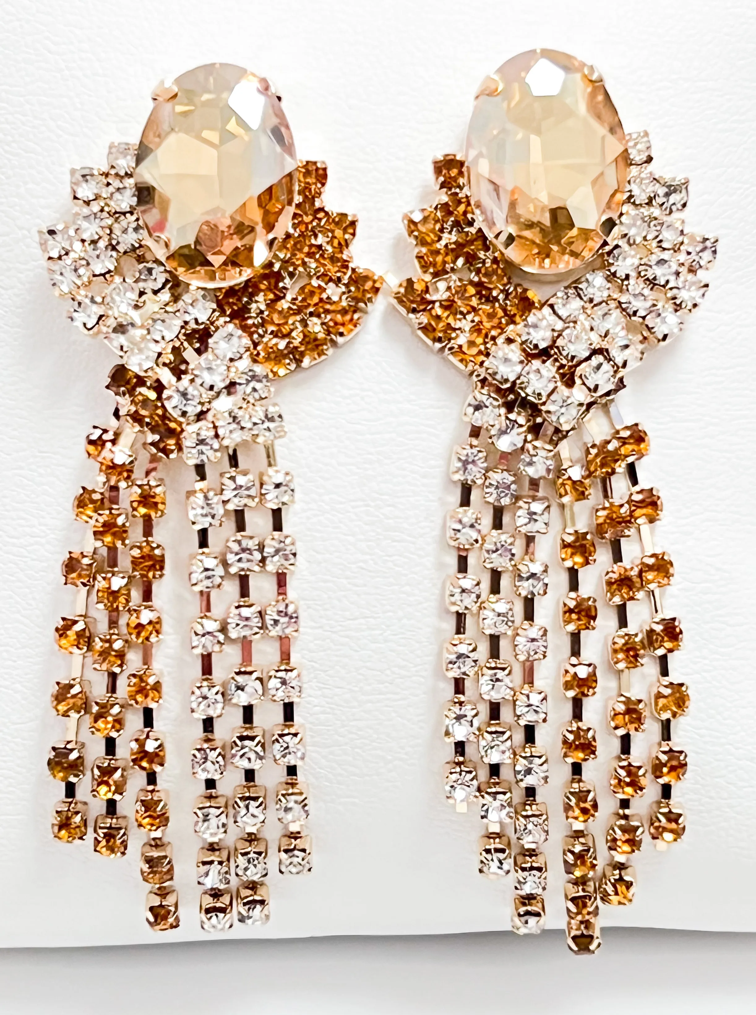 Sylvia - Rhinestone Tassel Statement Earrings (Topaz)