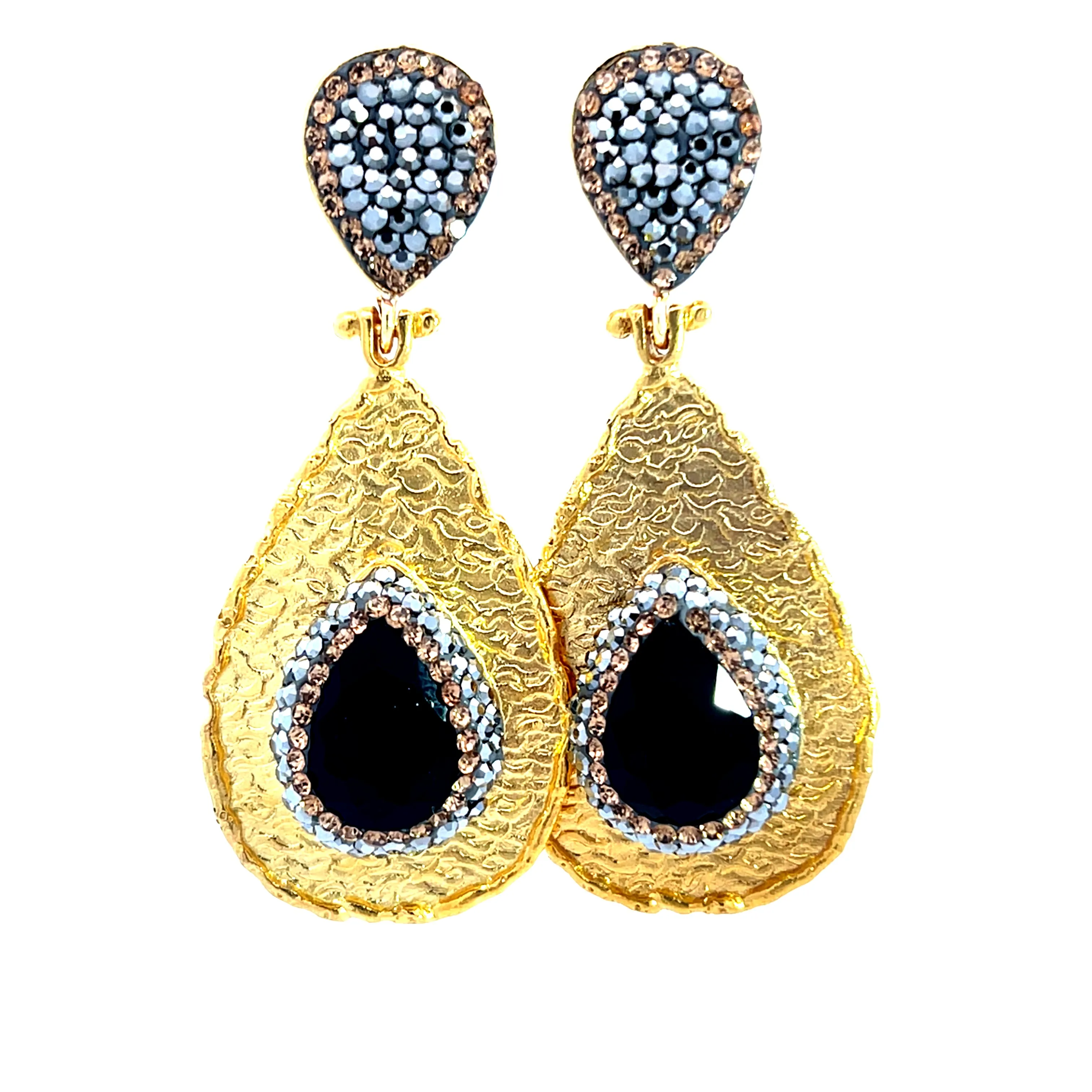 Teardrop Gemstone & Crystal Brass Dangle Earring