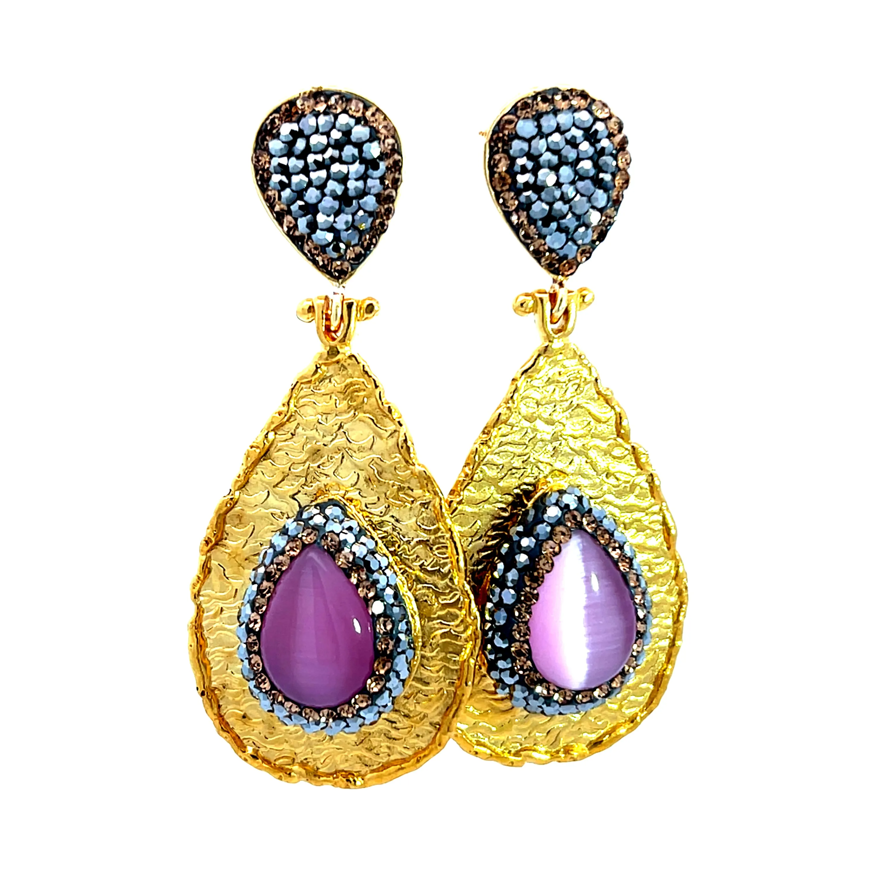 Teardrop Gemstone & Crystal Brass Dangle Earring