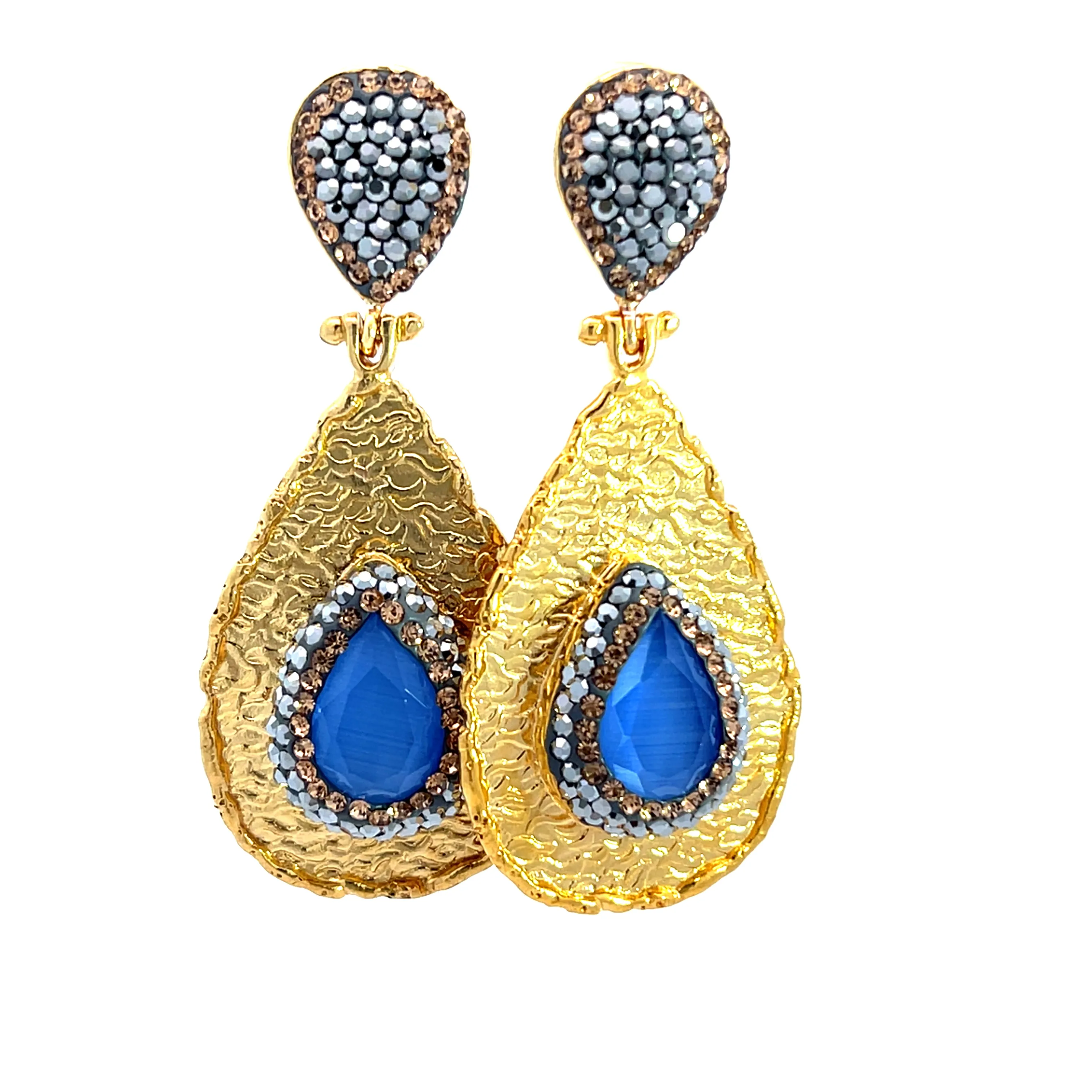 Teardrop Gemstone & Crystal Brass Dangle Earring