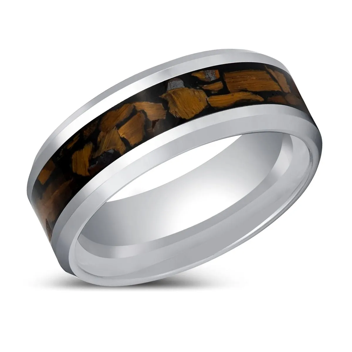 TPOINT | Silver Tungsten Ring Tiger Eye Chips Inlay