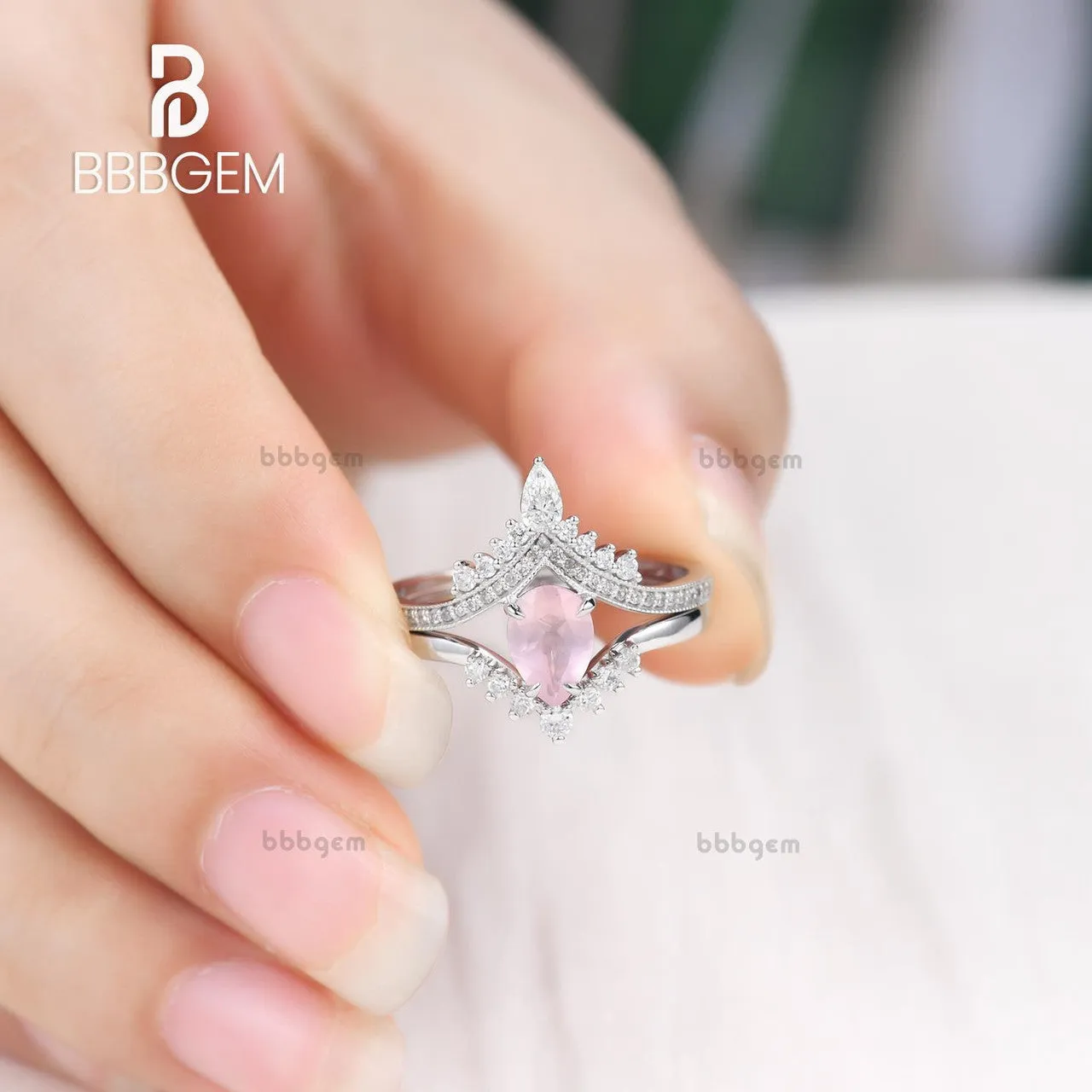 Unique Pear Cut Rose Quartz Engagement Ring Set 0.8Carat Diamond Band