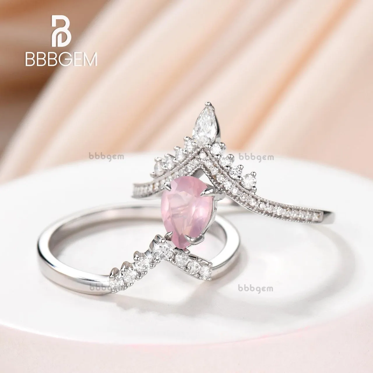 Unique Pear Cut Rose Quartz Engagement Ring Set 0.8Carat Diamond Band