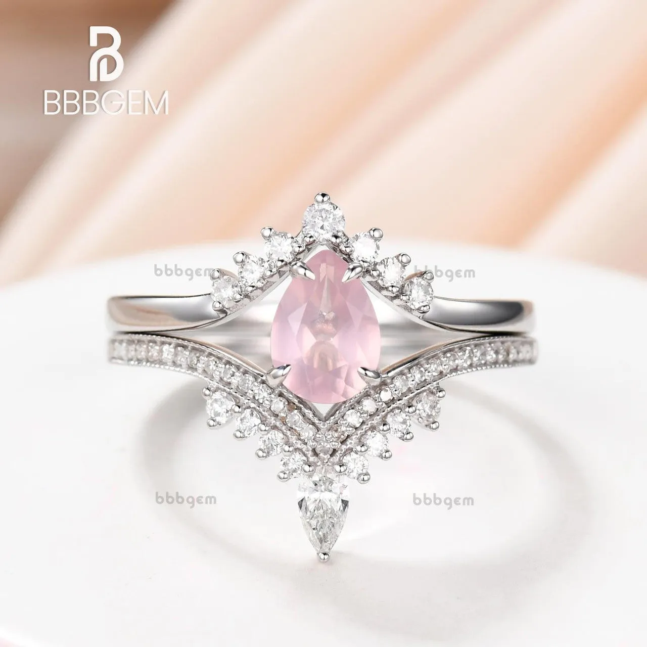 Unique Pear Cut Rose Quartz Engagement Ring Set 0.8Carat Diamond Band