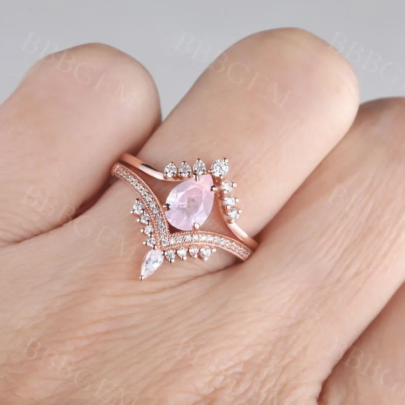 Unique Pear Cut Rose Quartz Engagement Ring Set 0.8Carat Diamond Band