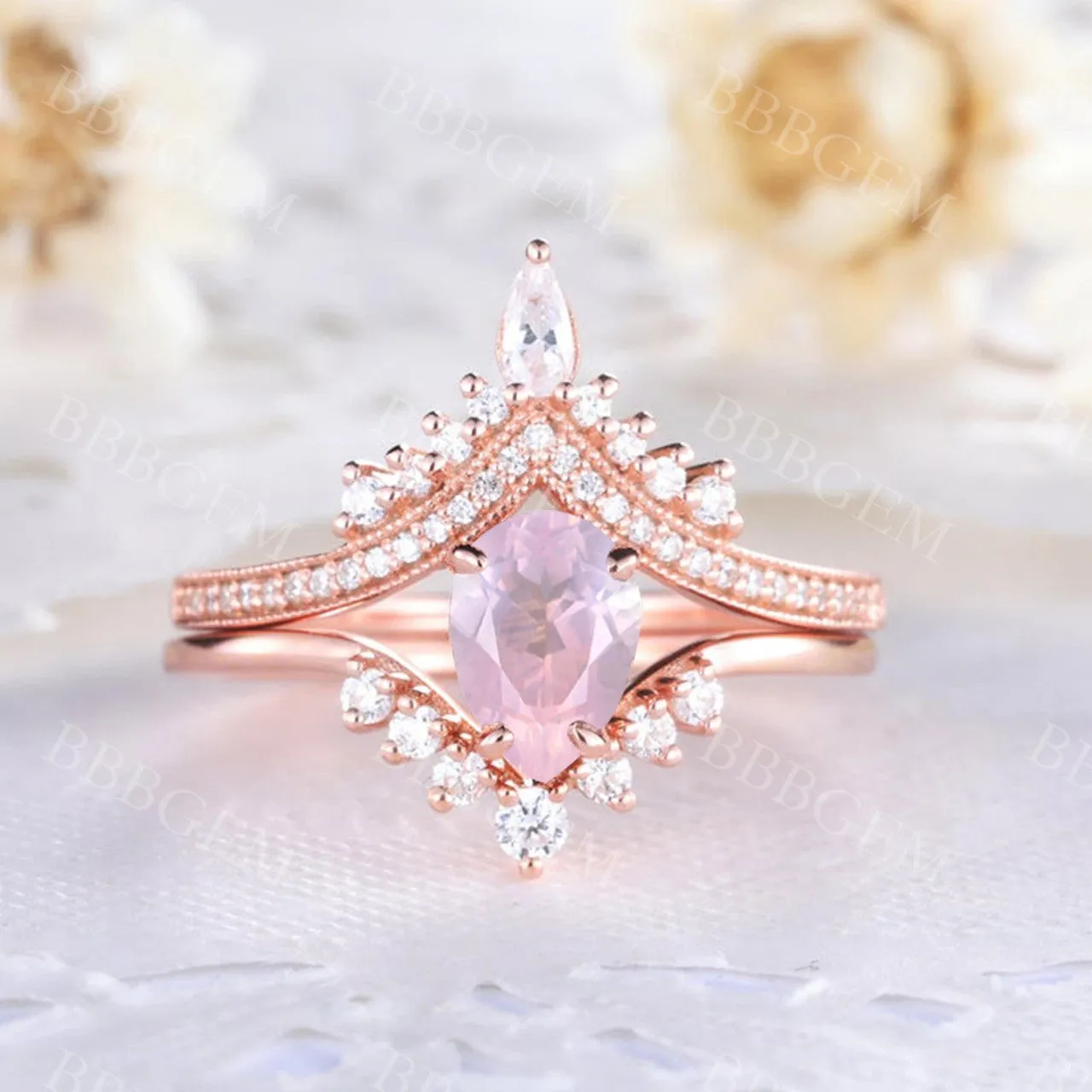 Unique Pear Cut Rose Quartz Engagement Ring Set 0.8Carat Diamond Band