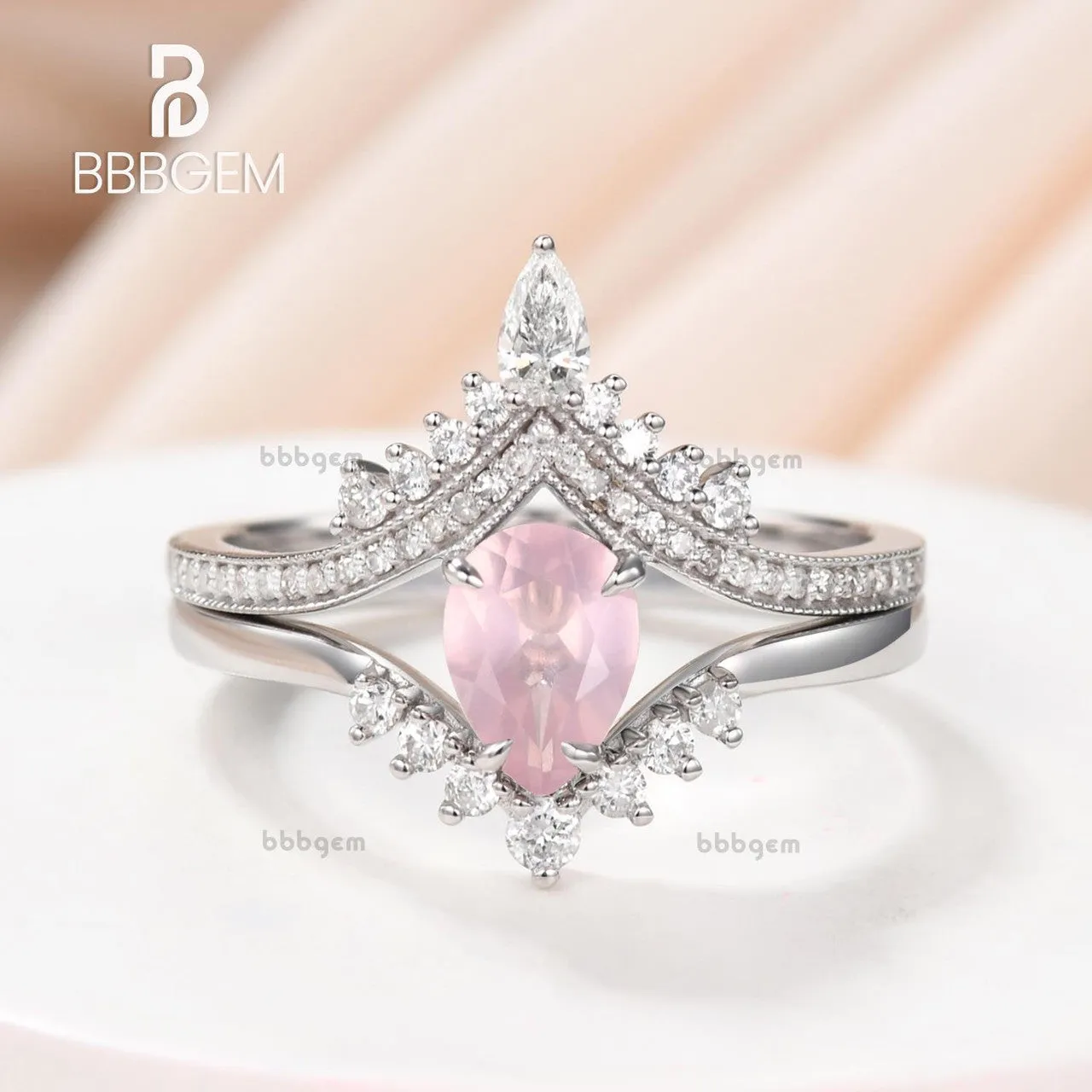 Unique Pear Cut Rose Quartz Engagement Ring Set 0.8Carat Diamond Band