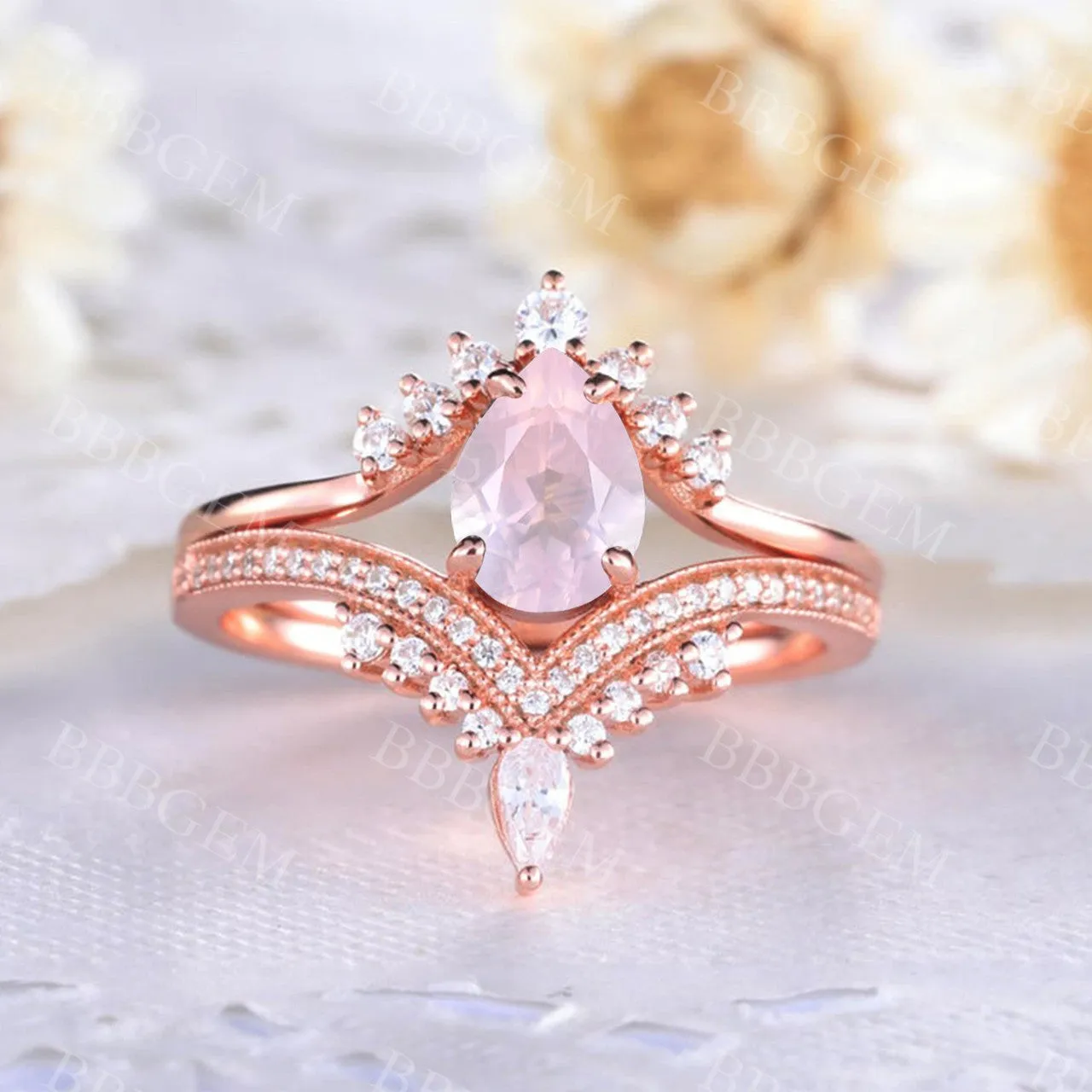 Unique Pear Cut Rose Quartz Engagement Ring Set 0.8Carat Diamond Band