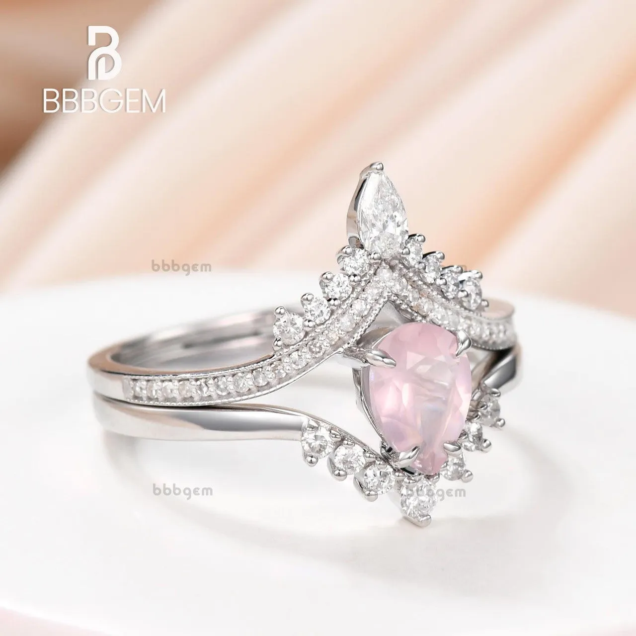 Unique Pear Cut Rose Quartz Engagement Ring Set 0.8Carat Diamond Band