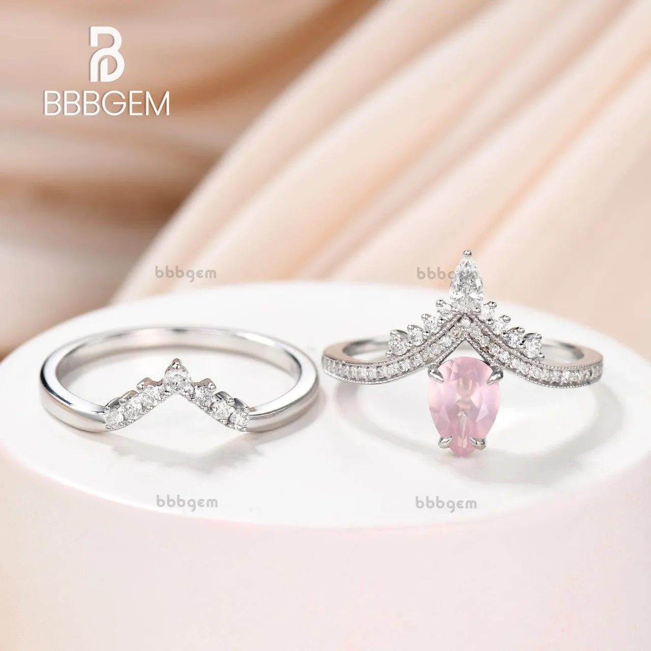 Unique Pear Cut Rose Quartz Engagement Ring Set 0.8Carat Diamond Band