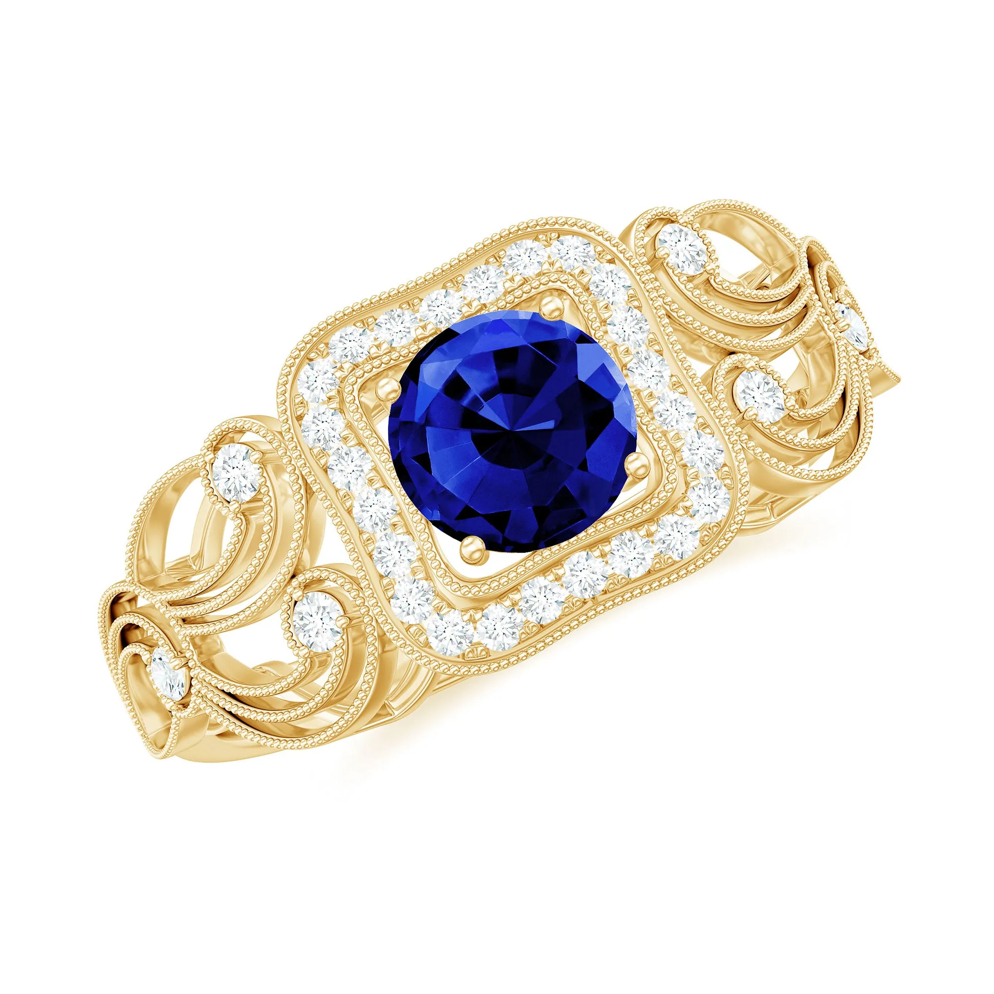 Vintage Created Blue Sapphire and Diamond Milgrain Engagement Ring