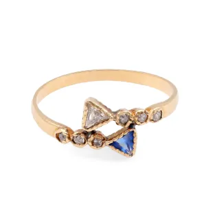 Vintage French Trillion Diamond Sapphire Yellow Gold Bypass Ring