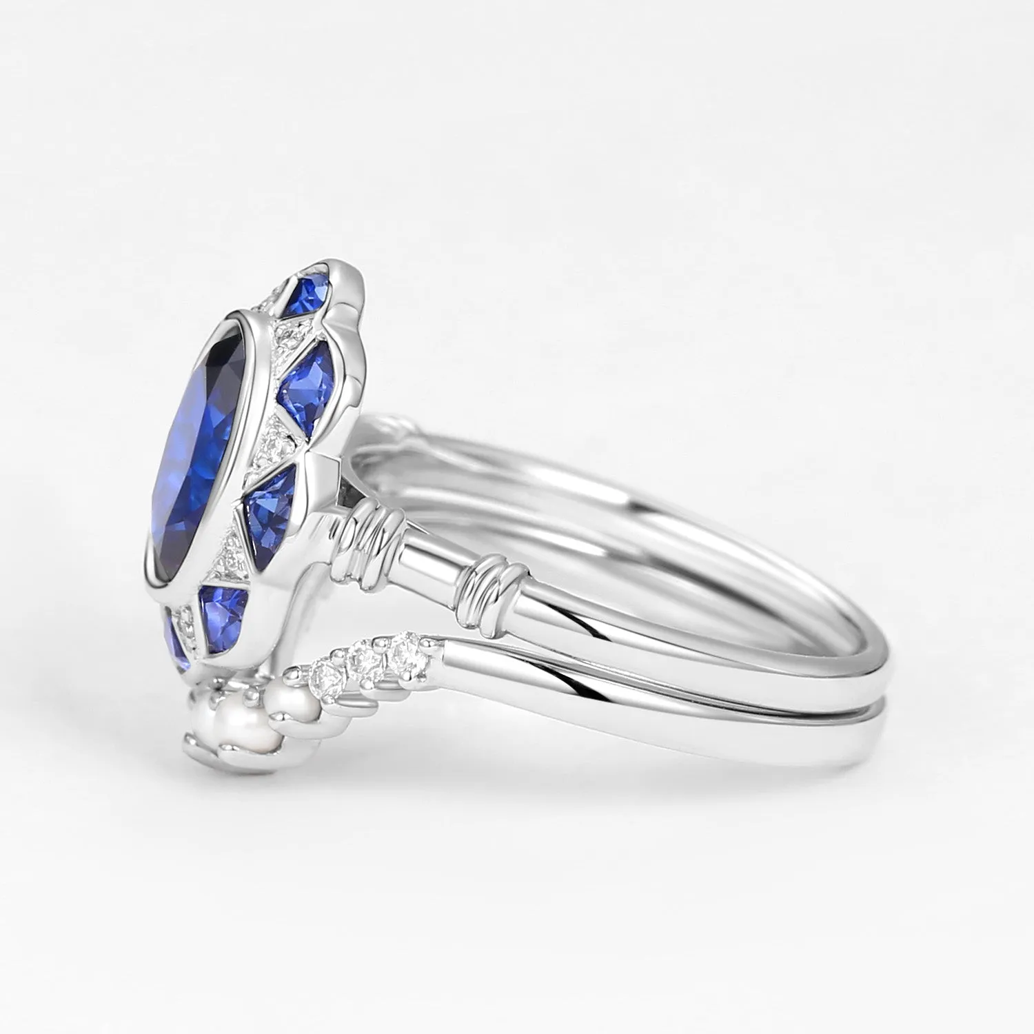 Vintage Lab Sapphire Oval Cut White Gold Ring Sets 2PCS