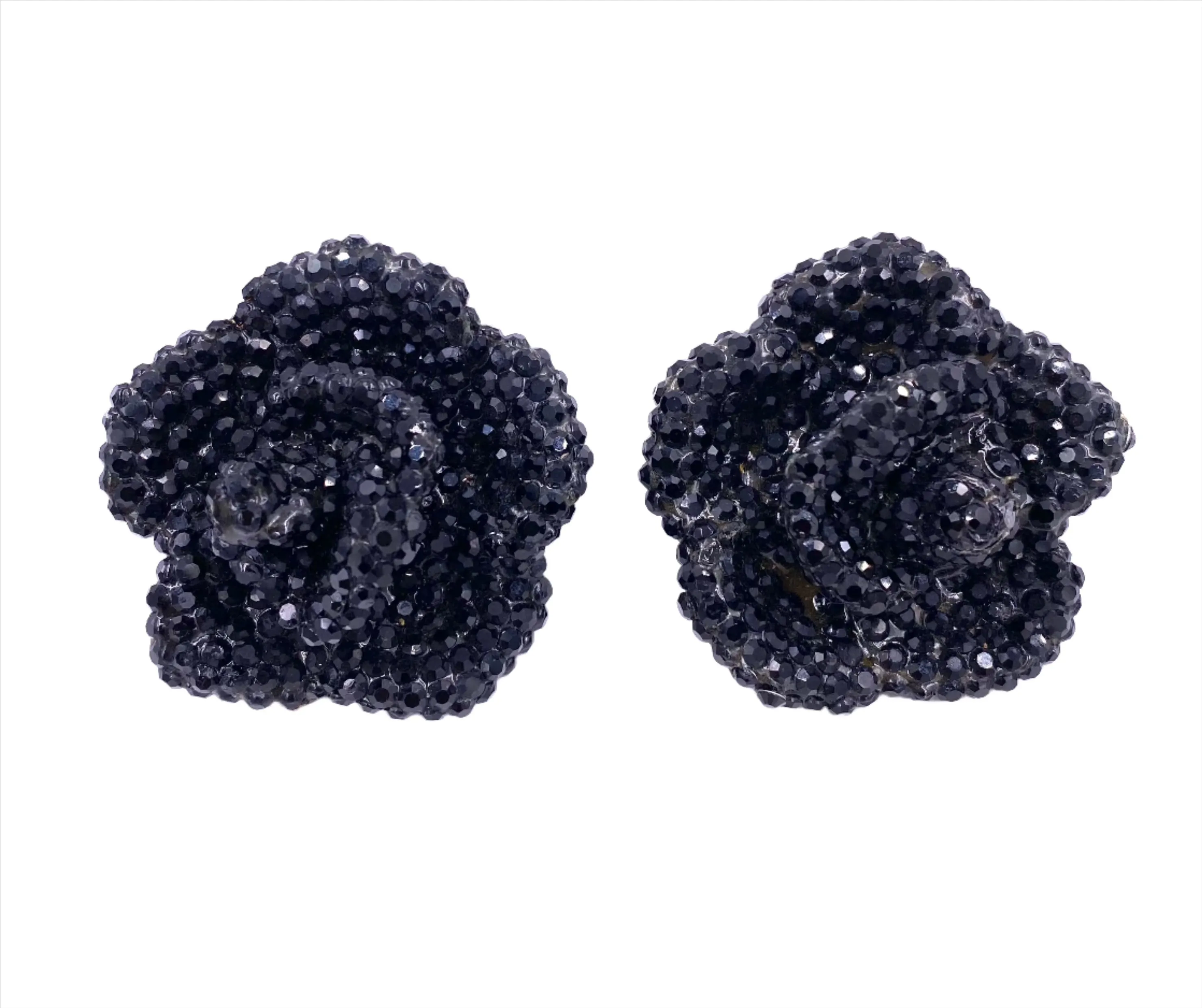 Vintage Large Black Stone Rose Clip-On Earrings