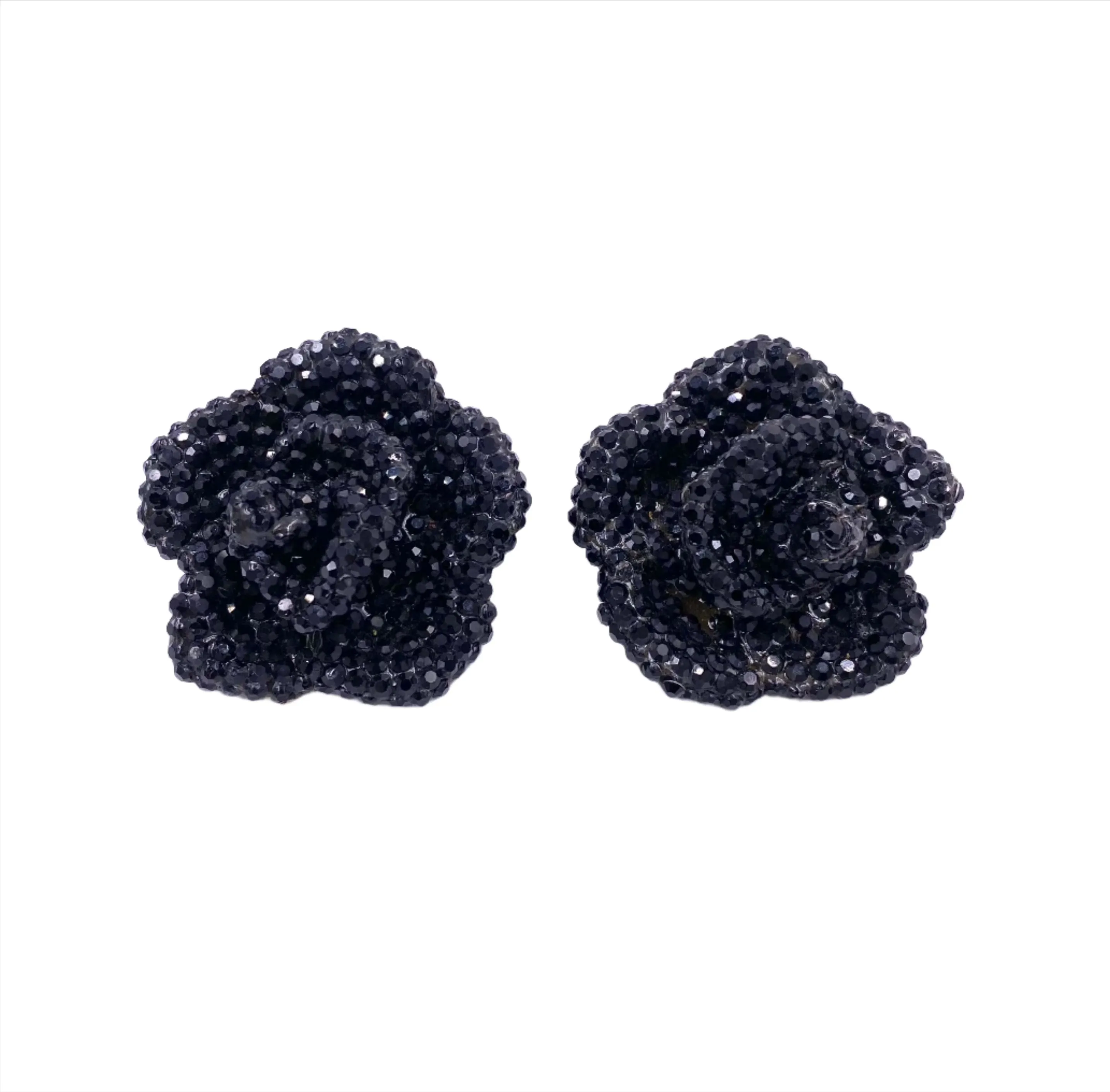 Vintage Large Black Stone Rose Clip-On Earrings