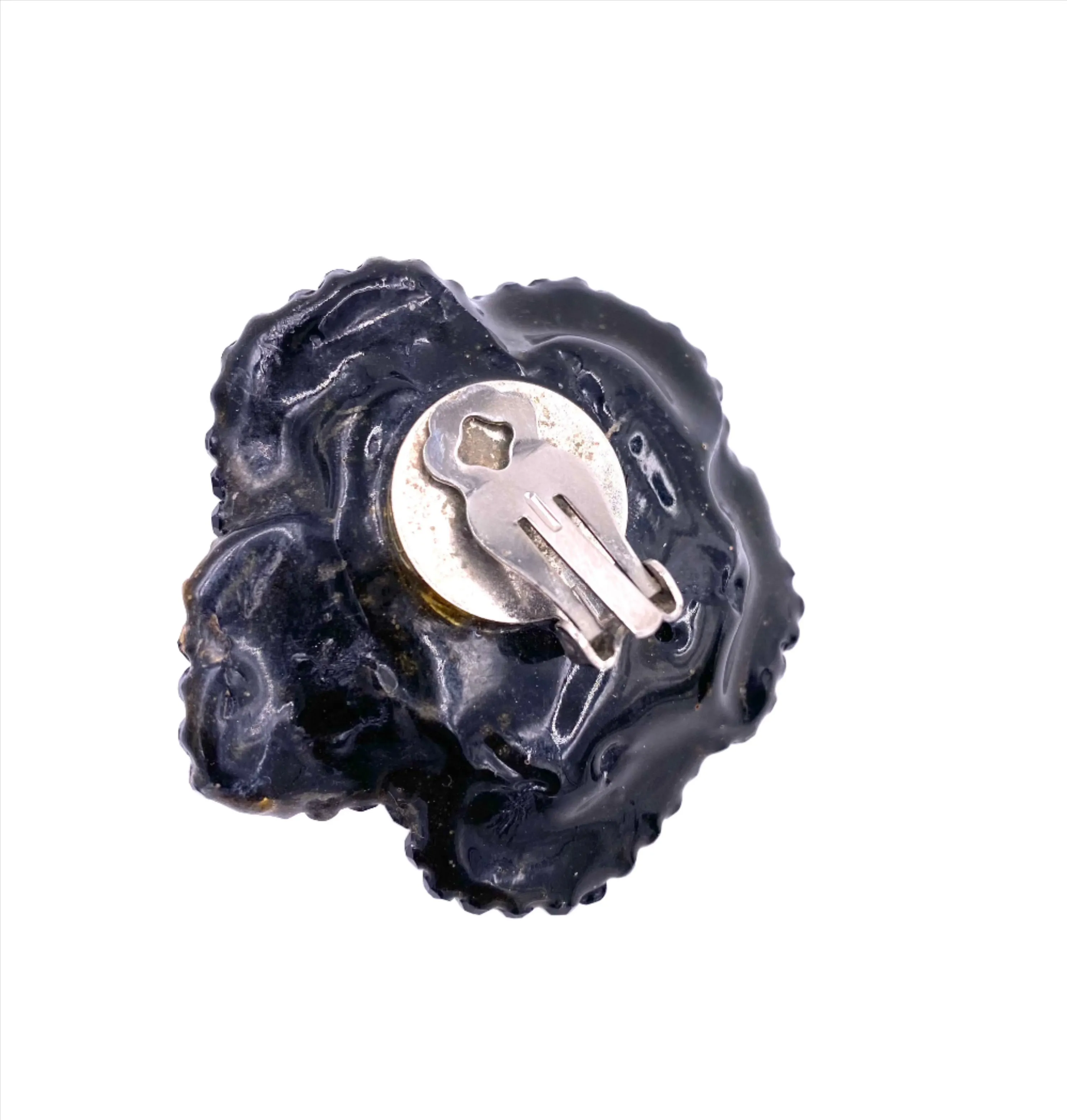 Vintage Large Black Stone Rose Clip-On Earrings