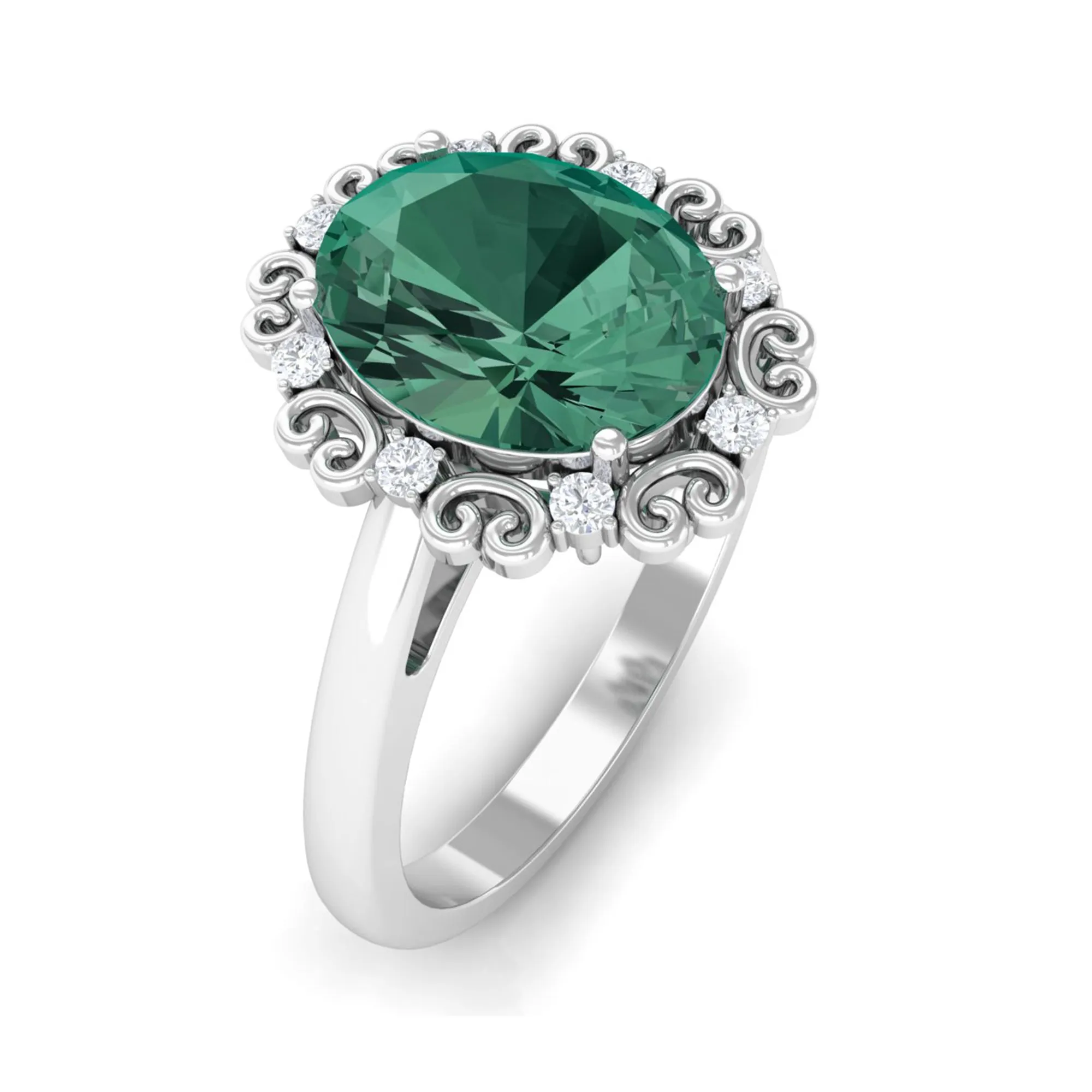 Vintage Style Lab Grown Green Sapphire Engagement Ring with Diamond