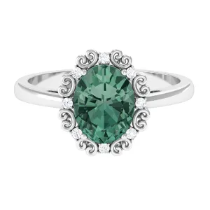 Vintage Style Lab Grown Green Sapphire Engagement Ring with Diamond