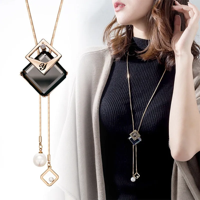 Wenkouban Long Black Crystal Necklaces & Pendants Fashion Gold Silver Color Chain Rhinestone Geometric  Necklace Jewelry For Women 2022