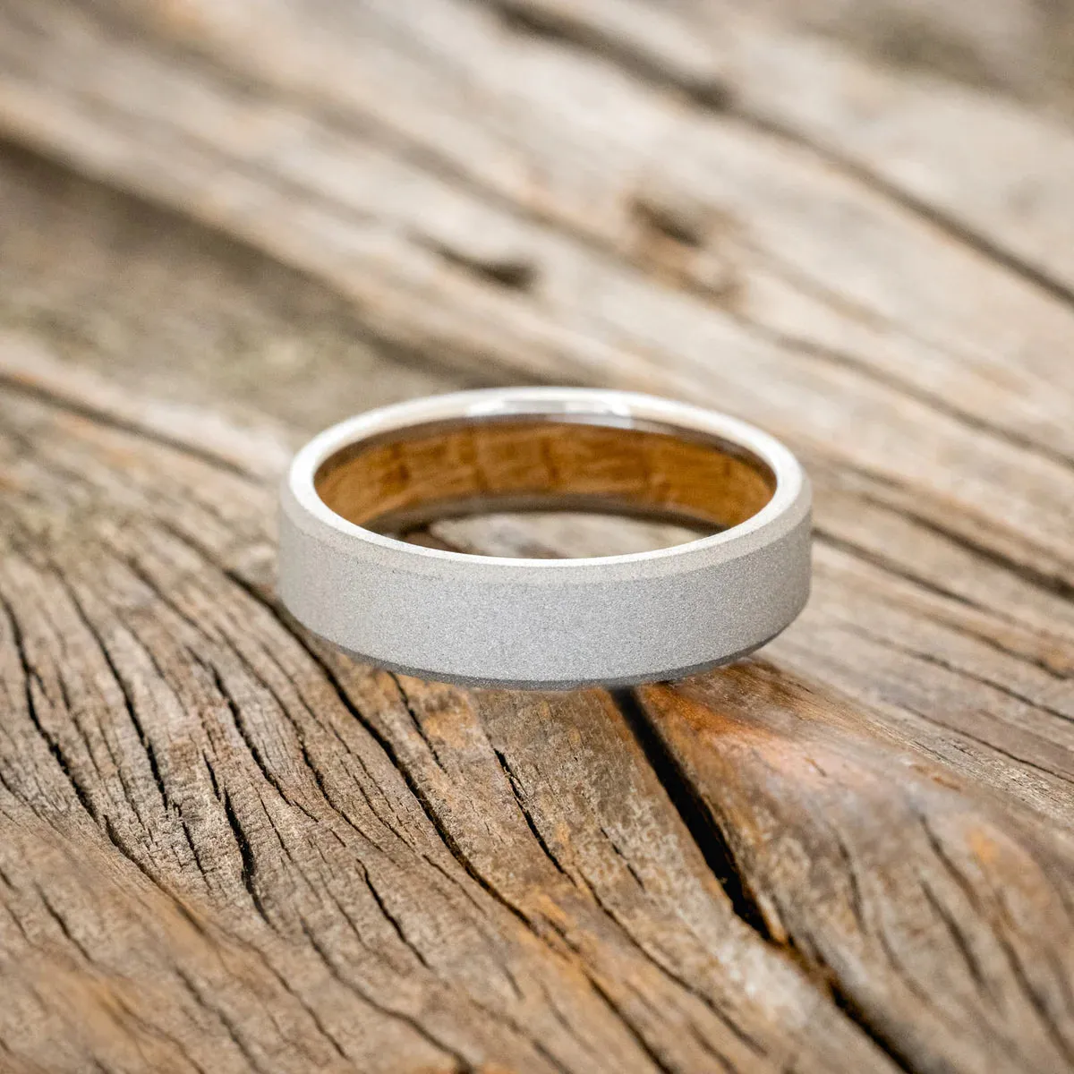 WHISKEY BARREL CHANNEL LINED RING WITH SANDBLASTED FINISH - TITANIUM (6MM) - SIZE 8 3/4