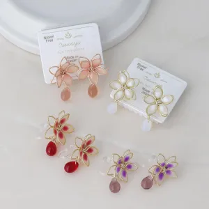 Wire Flower Stone Drop Invisible Clip On Earrings